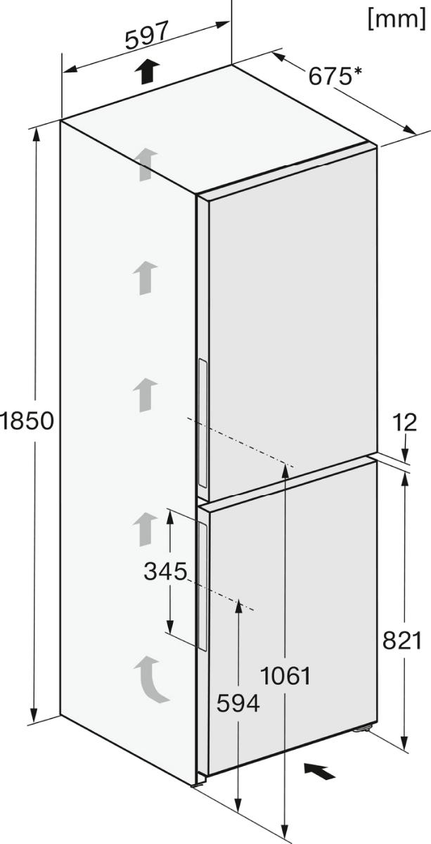 Weißer Kühl-Gefrierschrank mit Maßen an den Seiten, zeigt eine obere und untere Tür.