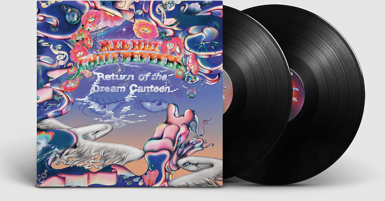 Pochette d'album avec deux disques vinyles noirs. La pochette a de l'art et du texte psychédélique colorés.