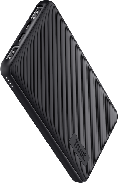 Fekete powerbank, texturált felülettel, Trust logóval.