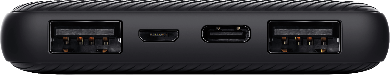 Fekete power bank több porttal: Micro, USB-C és 2 USB-A.