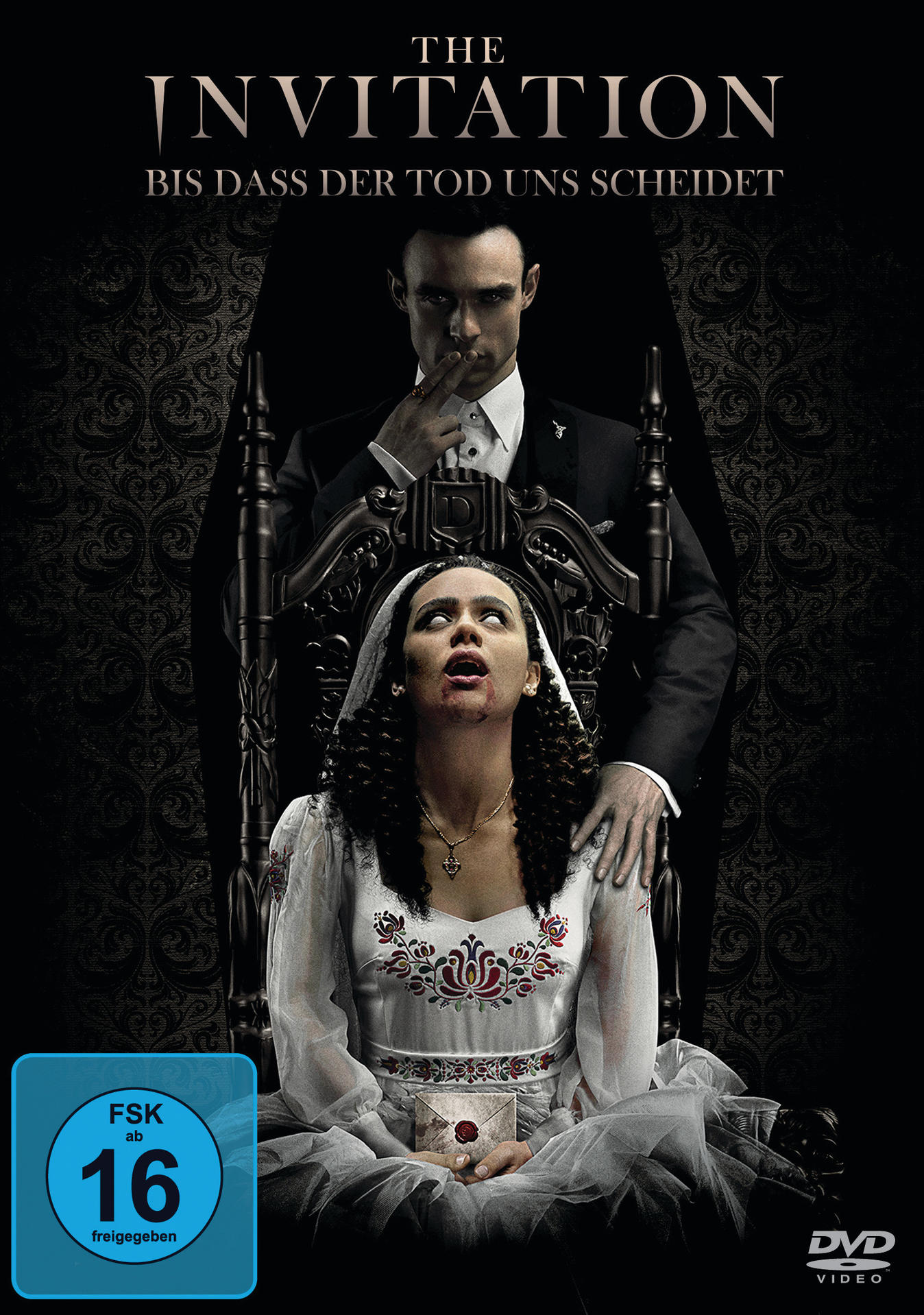 DVD-Cover für 'The Invitation'. Ein Mann und eine Frau in dunkler Umgebung, mit dem Filmtitel.