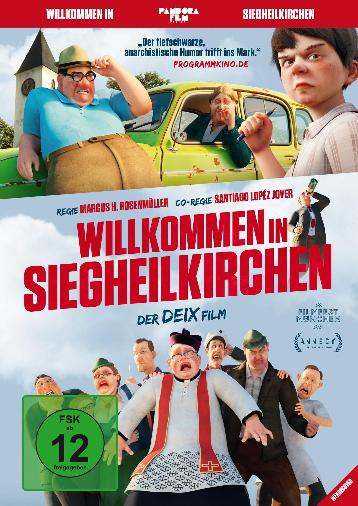 Filmplakat mit Zeichentrickfiguren und Text auf Deutsch.