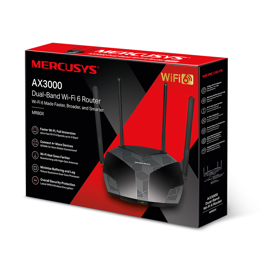 Mercusys AX3000 çift bant Wi-Fi 6 yönlendirici kutusu, yönlendirici ve antenlerle birlikte.