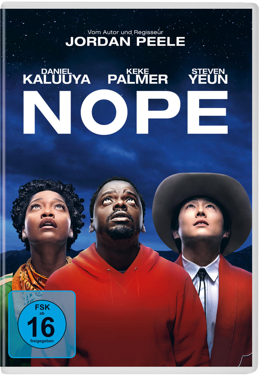 Filmcover: Drei Personen blicken in den Himmel. Text: Nope. Sterne und blauer Himmel.