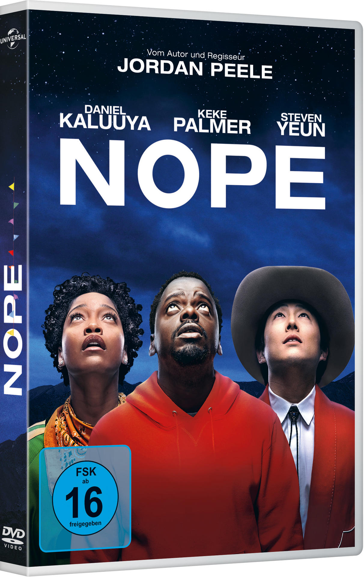 DVD-Cover des Films 'Nope'. Schauspieler blicken in den dunklen Himmel. Titel in großen weißen Buchstaben.