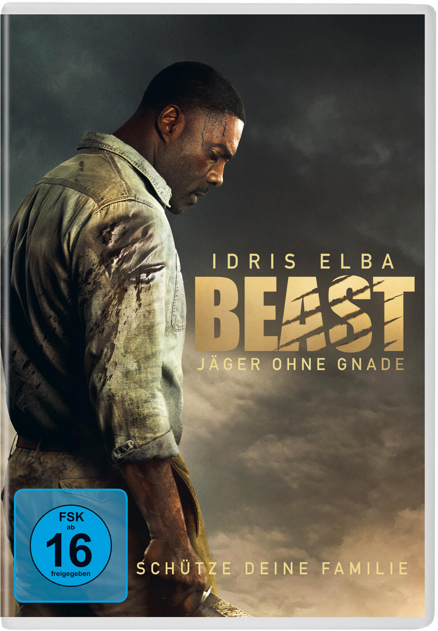 DVD-Cover des Films 'Beast'. Idris Elba blickt nach unten. Text in Gold und ein blauer Rating-Aufkleber.
