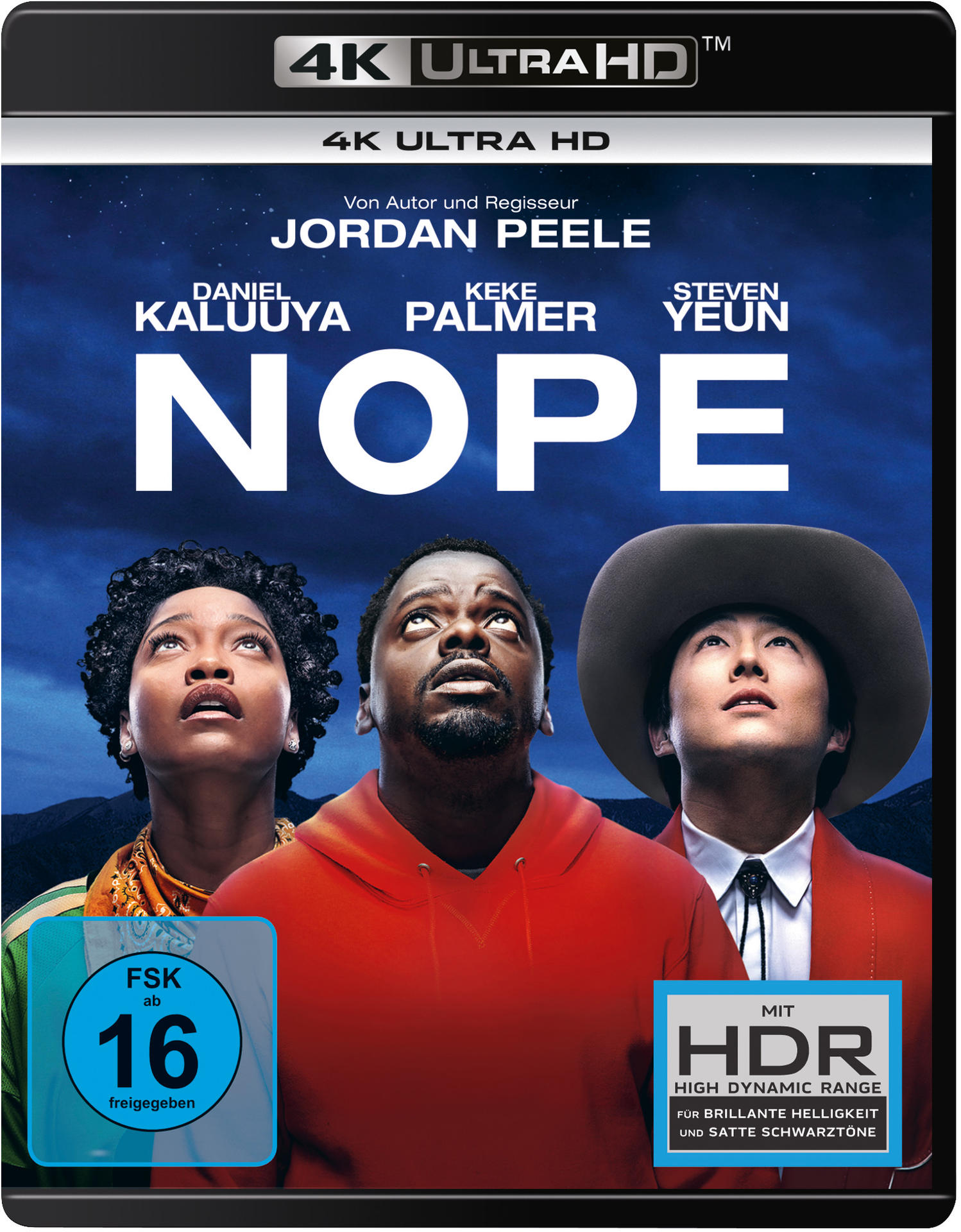 Filmcover mit Daniel Kaluuya, Keke Palmer und Steven Yeun, die nach oben schauen. Schwarzer Rand, weißer Hintergrund.
