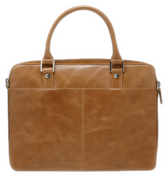 Une serviette en cuir marron avec poignées, une poche avant et des accessoires argentés.