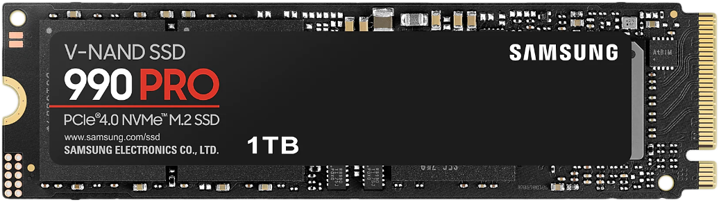 Egy fekete-piros Samsung 990 PRO SSD. A '1TB' szöveg jobbra található.