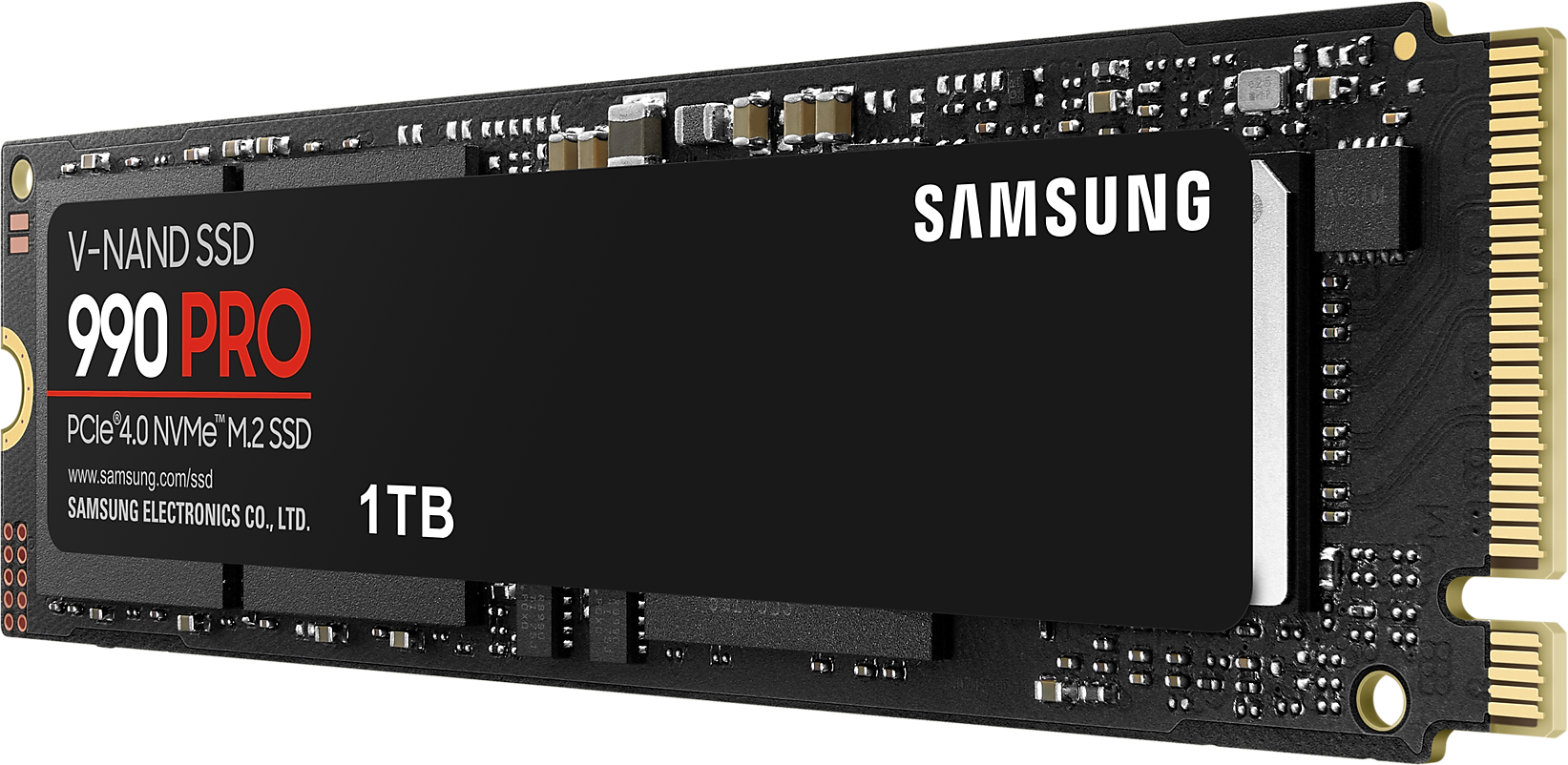 Egy fekete SSD a Samsung logóval és a '990 PRO' felirattal. 1 TB kapacitású.
