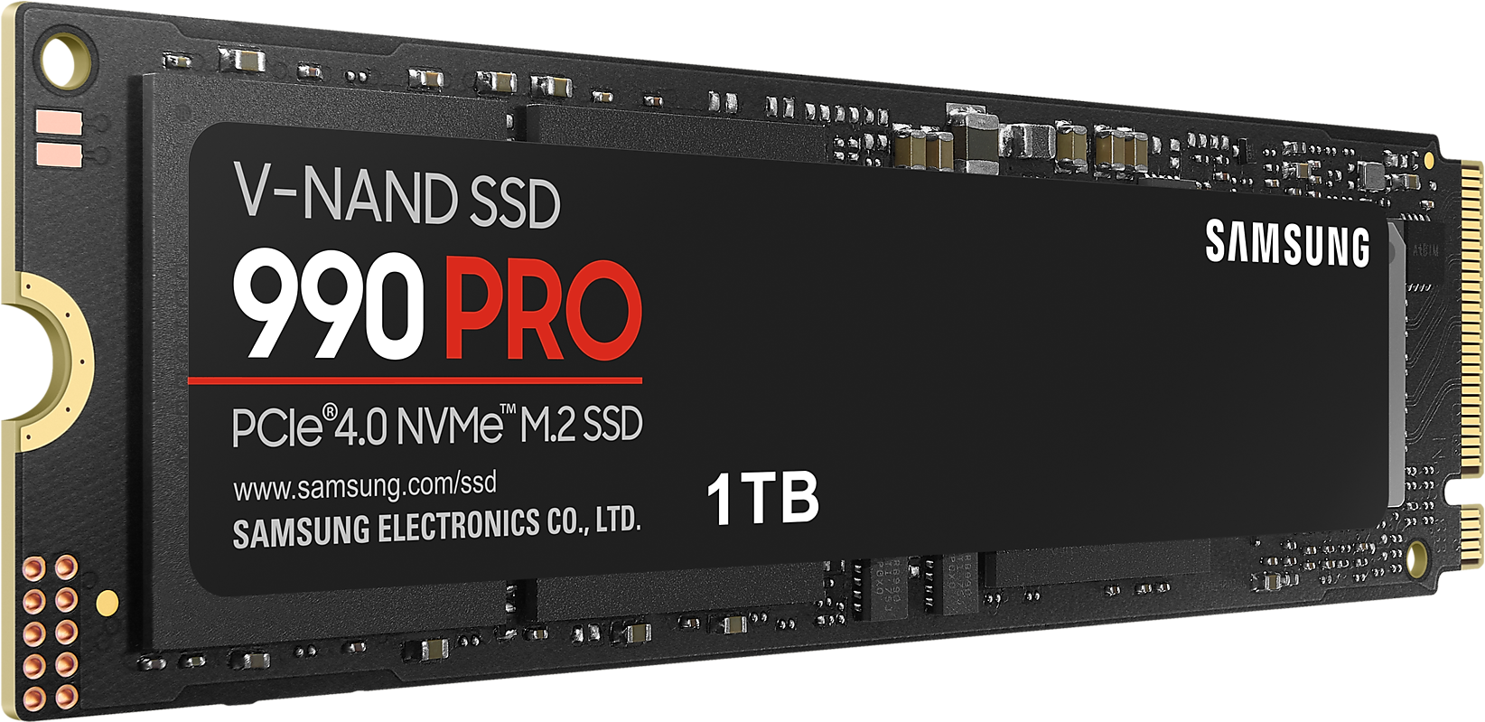 Fekete-piros SSD, '990 PRO' és '1TB' felirattal, fekete háttérrel.