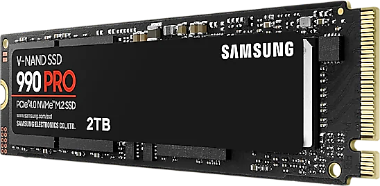 Fekete SSD, Samsung V-NAND 990 PRO, szöveggel és fehér betűtípussal.