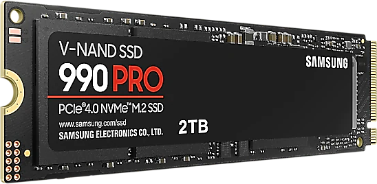 Egy Samsung 990 PRO V-NAND SSD, fekete, fehér és piros felirattal, 2 TB kapacitással.