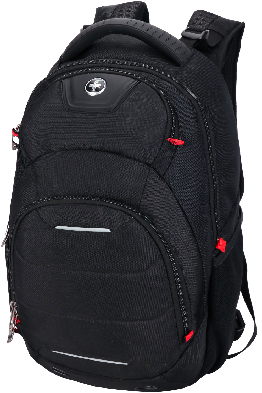 Sac à dos noir avec des touches de rouge, plusieurs compartiments et un logo suisse.