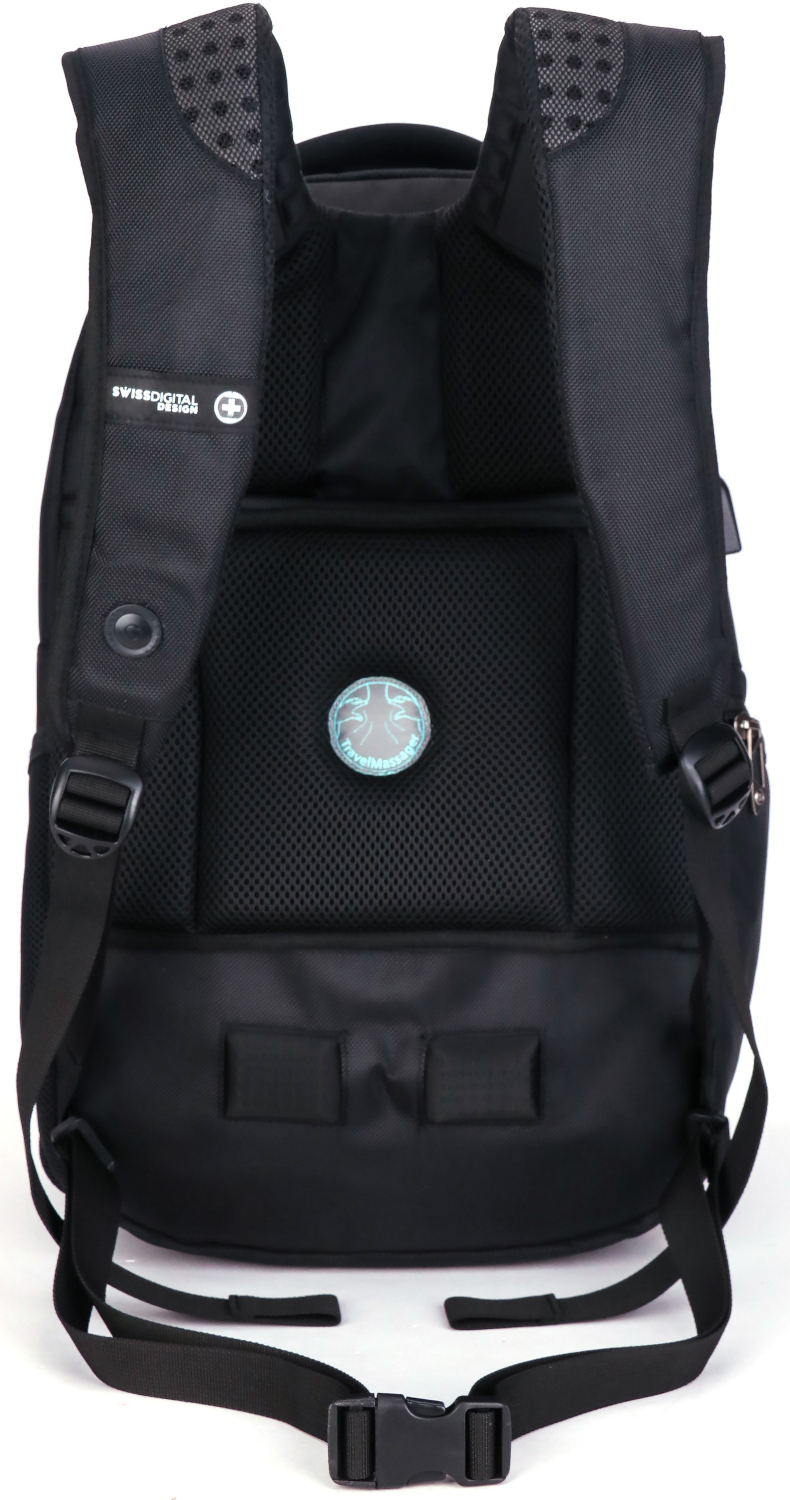 Sac à dos noir avec logo au dos, bretelles visibles.