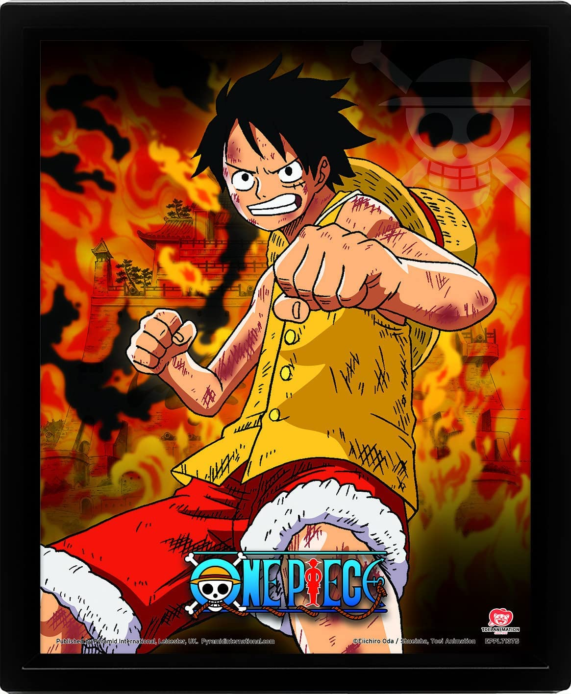 Ilustración de One Piece. Luffy en acción con un fondo de fuego. Enmarcado en negro.