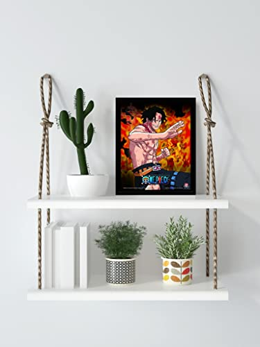 Dos estantes con plantas y una impresión artística de anime enmarcada.