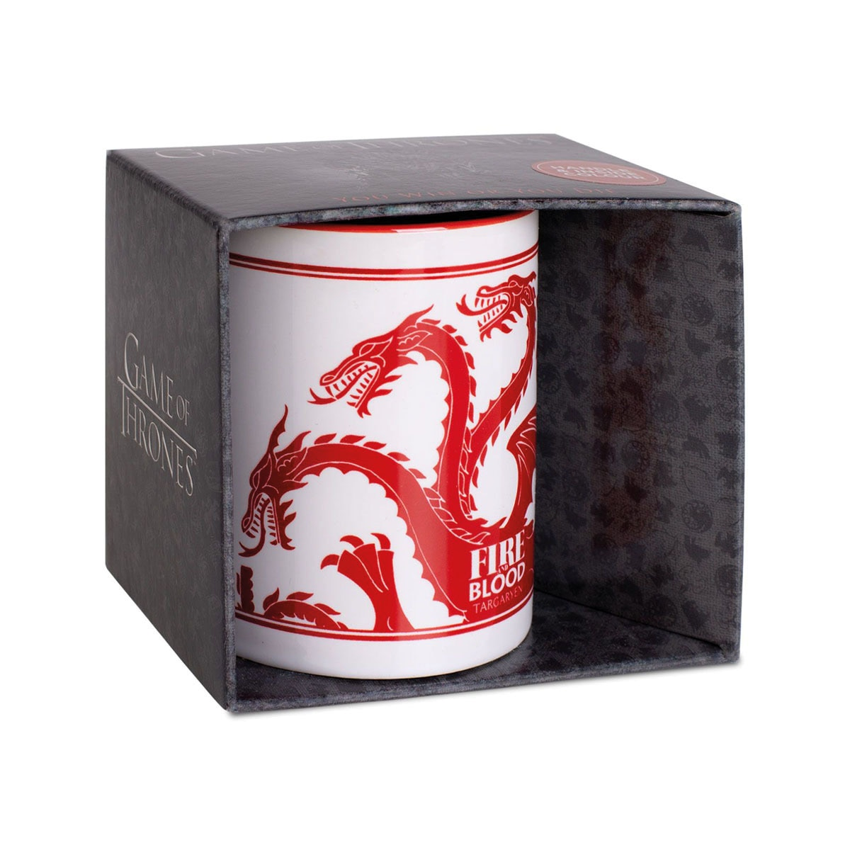 Taza de Juego de Tronos en una caja, con diseño de dragón rojo.