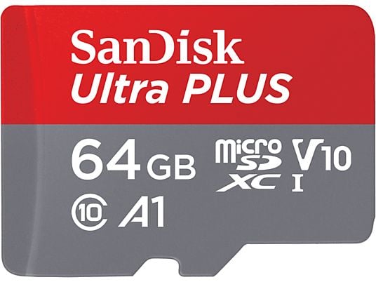 Tarjeta Micro SDXC - SanDisk Ultra PLUS, 64 GB, 150 MB/s, UHS-I, V10, A1, C10, Adaptador SD, Multicolor