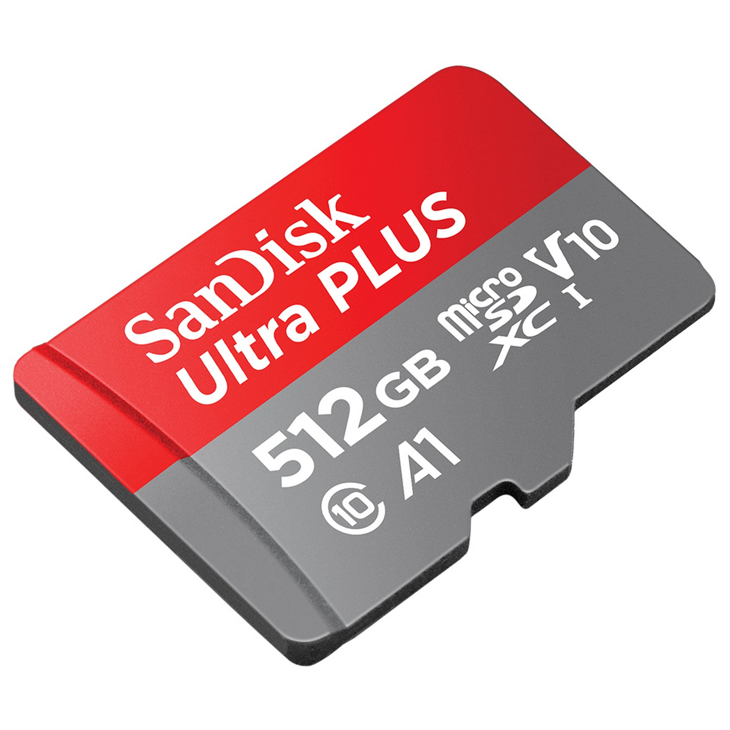 Tarjeta microSD SanDisk Ultra PLUS 512GB. Colores rojo y gris. Detalles en la superficie.