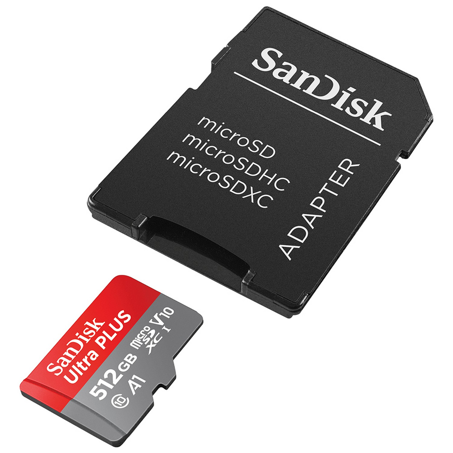 Un adaptador SanDisk negro con una tarjeta SD roja y gris. Ambos elementos están sobre un fondo blanco.