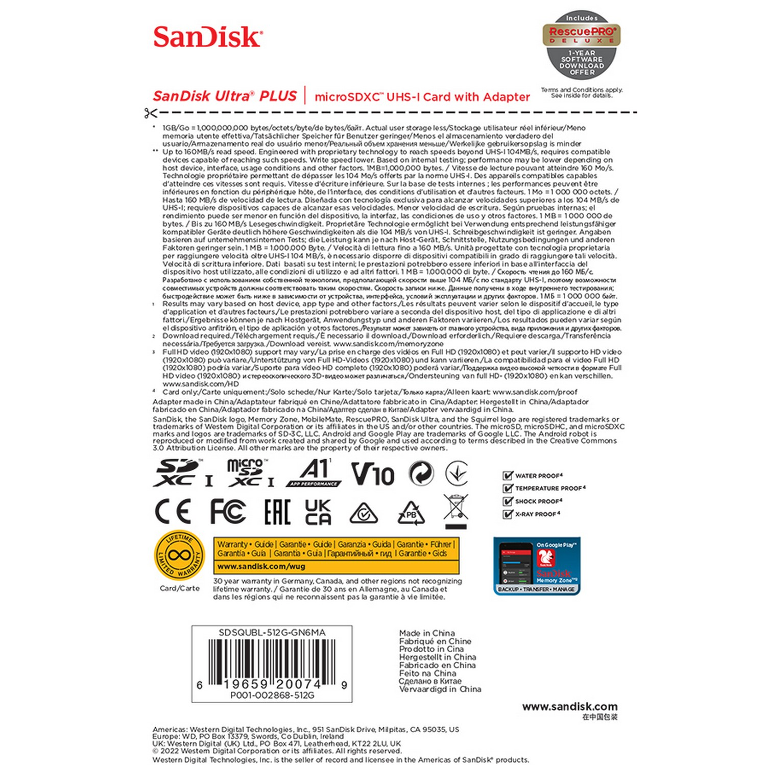 Embalaje de una tarjeta SanDisk Ultra Plus microSDXC UHS-I con adaptador y detalles del producto.