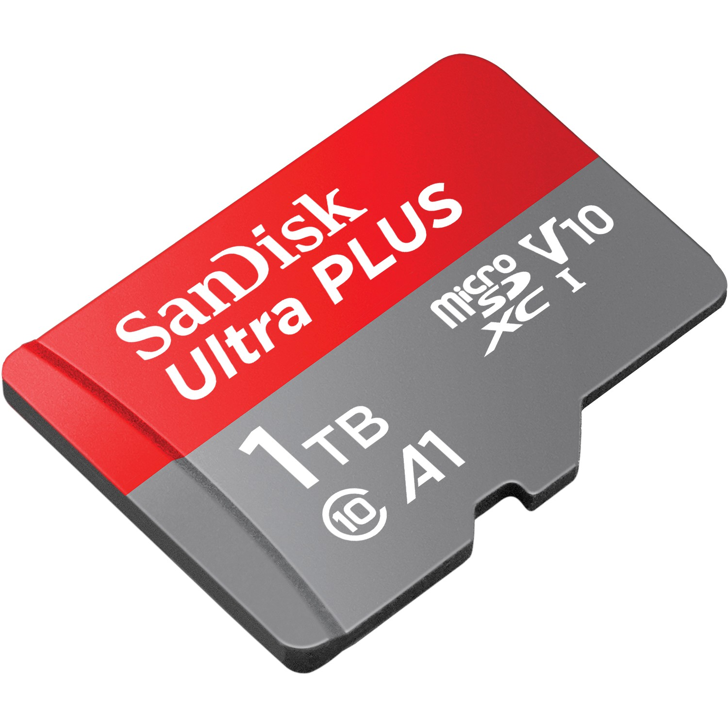 Tarjeta microSD SanDisk Ultra PLUS roja y gris con texto y una capacidad de 1 TB.
