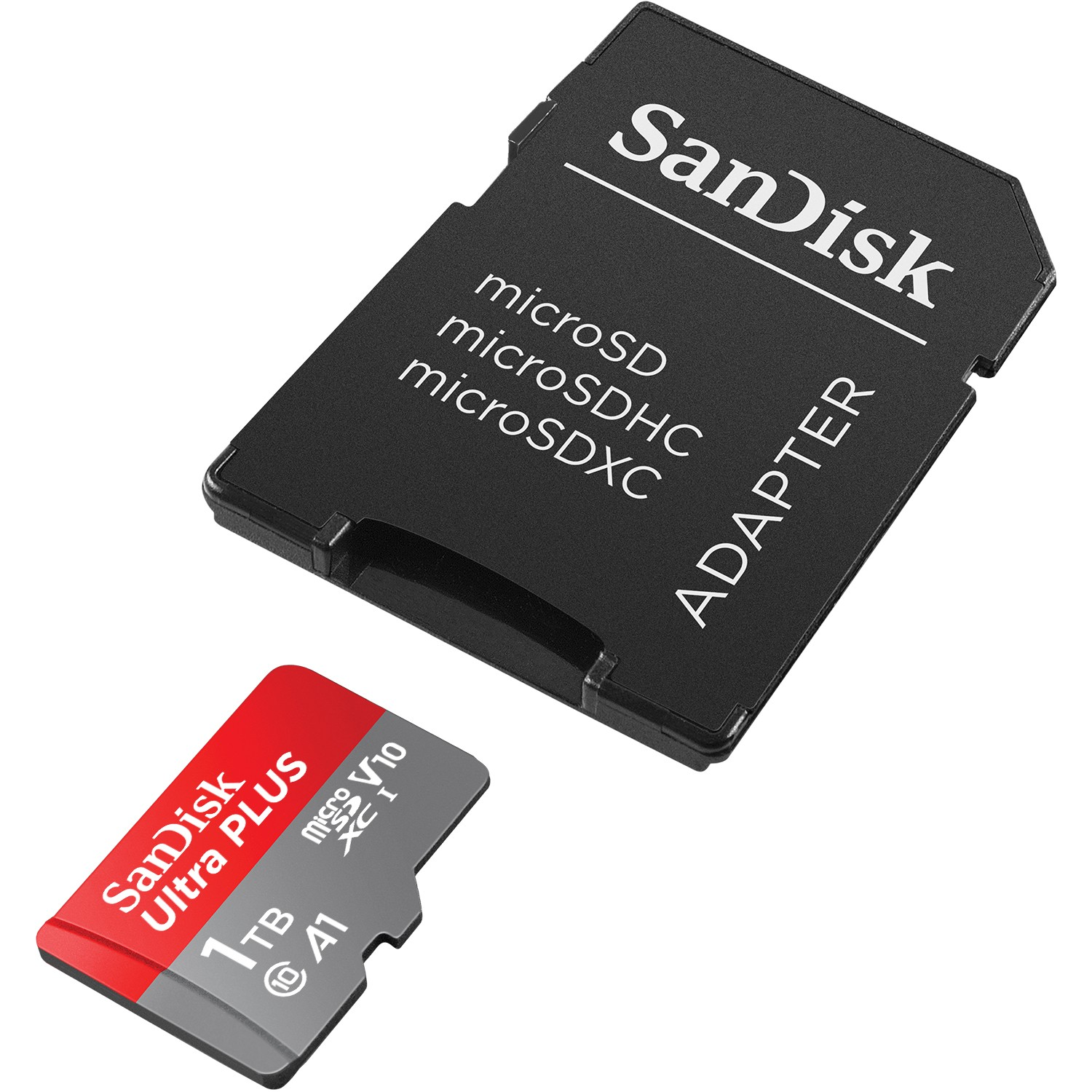 Un adaptador SanDisk negro y una tarjeta microSD con marca roja y blanca, sobre una superficie blanca.