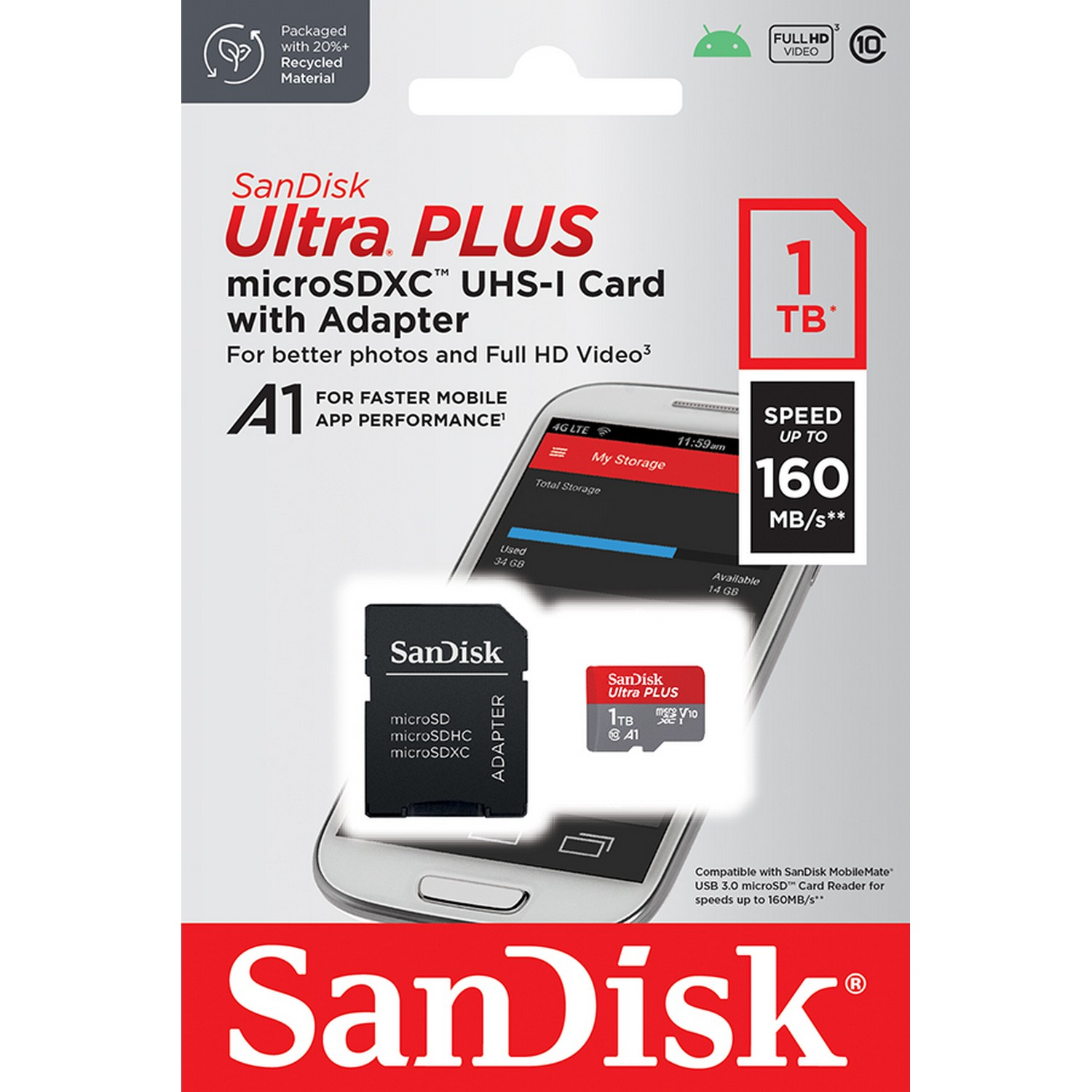Paquete de tarjeta microSD SanDisk. Tarjeta y adaptador se muestran en un teléfono con detalles de almacenamiento.