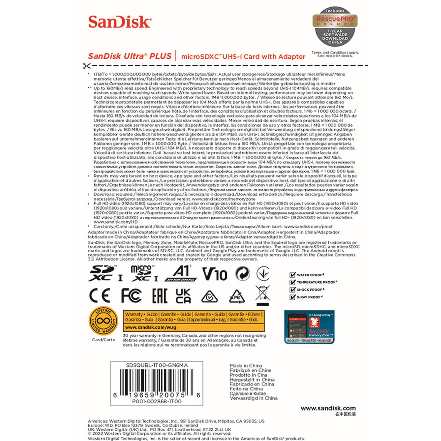 Parte trasera de la tarjeta SanDisk Ultra Plus microSDXC UHS-I con adaptador, texto y logotipos visibles.