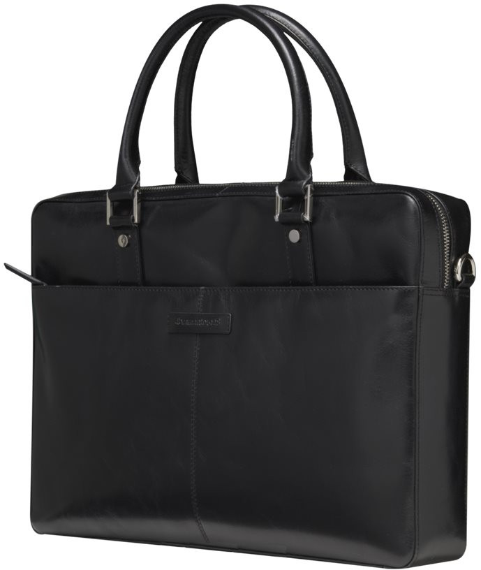 Black leather briefcase with handles, a front pocket, and a silver zipper.