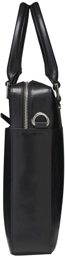 Black leather briefcase with a handle, zipper and a metal ring on the side, against a white background.