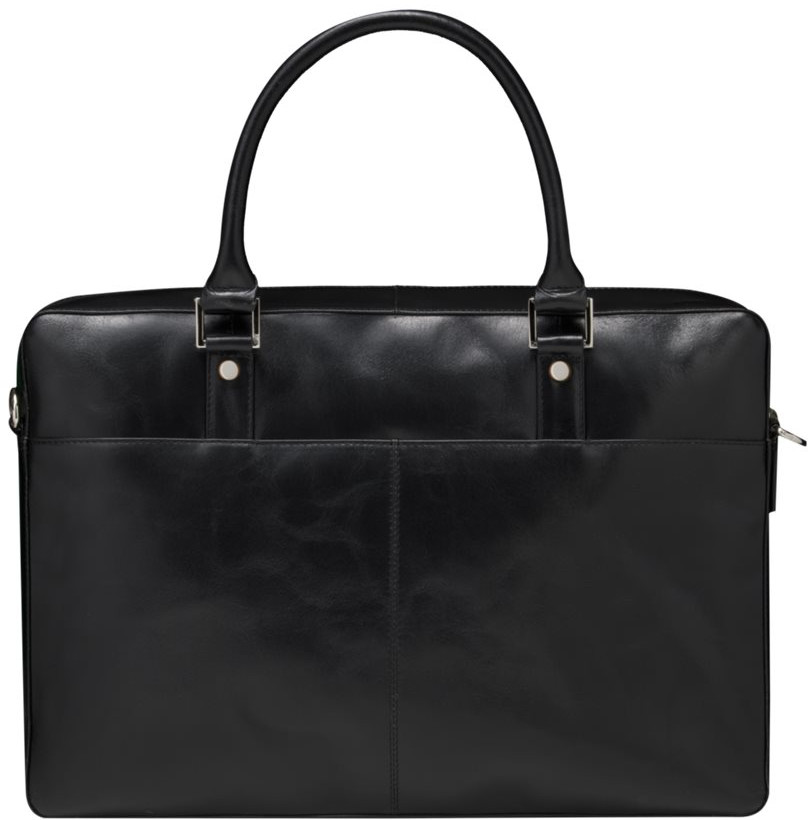 Black leather briefcase with handles and a front pocket, on a white background.