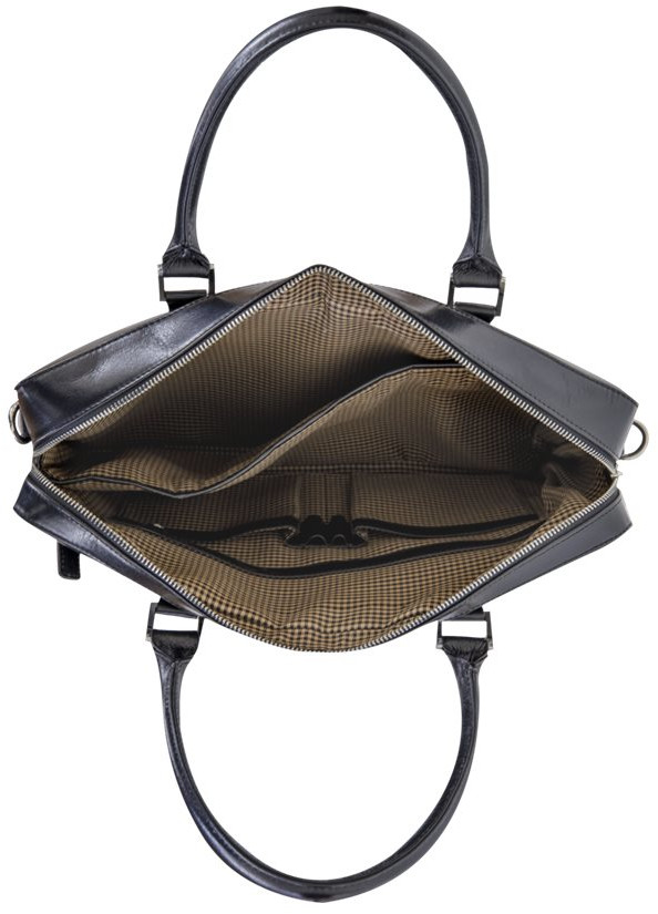 Black leather briefcase, open, showing inner pockets. It has two handles and a shoulder strap.
