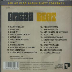 CD borító. Cím 'Omega Beat'. Szöveg magyarul. A számok listája látható. Retro design.