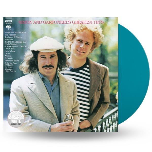 Simon & Garfunkel Greatest Hits album borítója. Két férfi kék bakelit előtt áll.