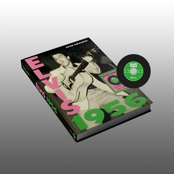 'Elvis 1956' könyv egy lemezzel. Elvis a borítón, zöld és rózsaszín szöveg.