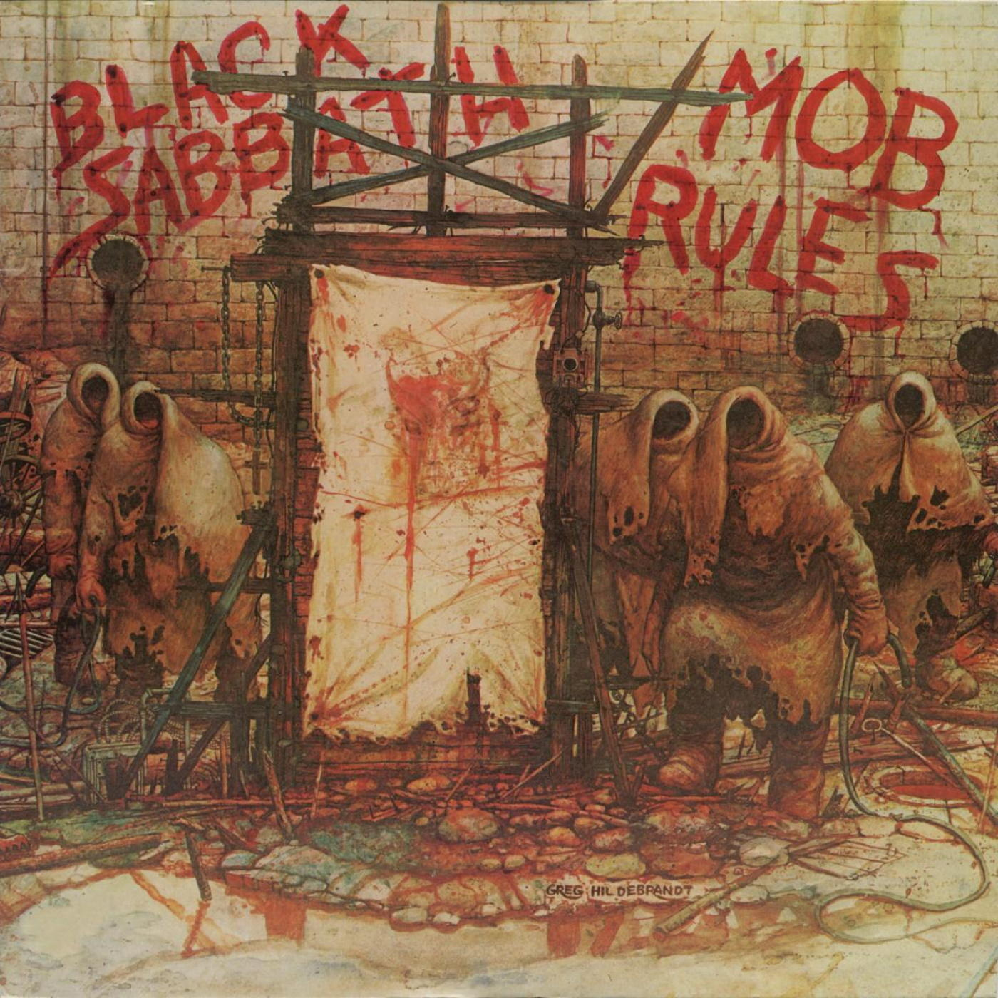 Borítókép: csuklyás alakok, véres zászló, 'Black Sabbath' és 'Mob Rules' graffitik a téglafalon.