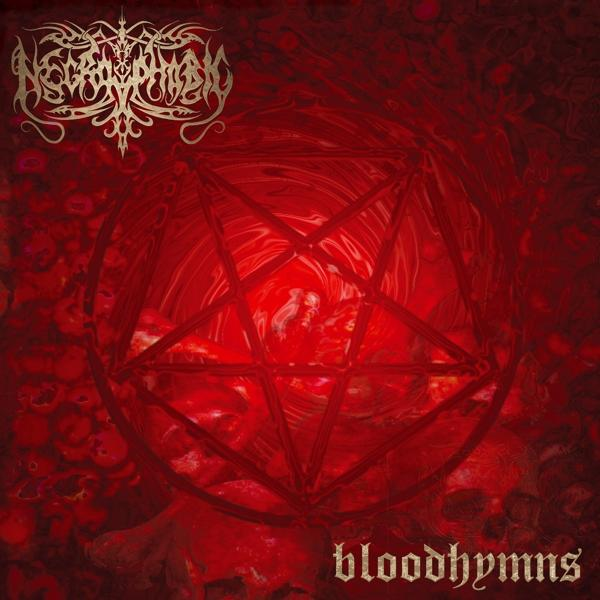 A Necrophobic 'Bloodhymns' című albumának borítója, piros pentagrammal piros háttéren.