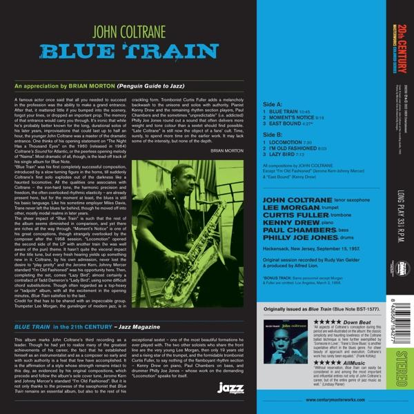 Egy vinil lemez album borítója, Blue Train, szöveggel és művészettel.