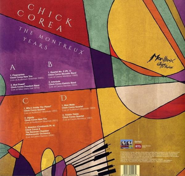 Album borító színes absztrakt dizájnnal és a 'Chick Corea: The Montreux Years' számlistájával.