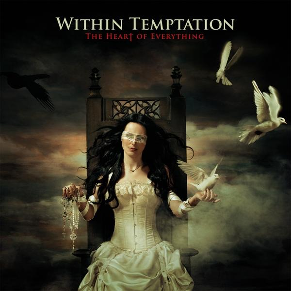 A Within Temptation 'The Heart of Everything' című albumának borítója. Egy nő ül a trónon galambokkal.