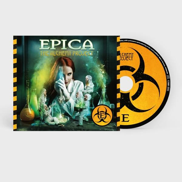 CD-borító: Egy nő laboratóriumi köpenyben, zöld és sárga füsttel.