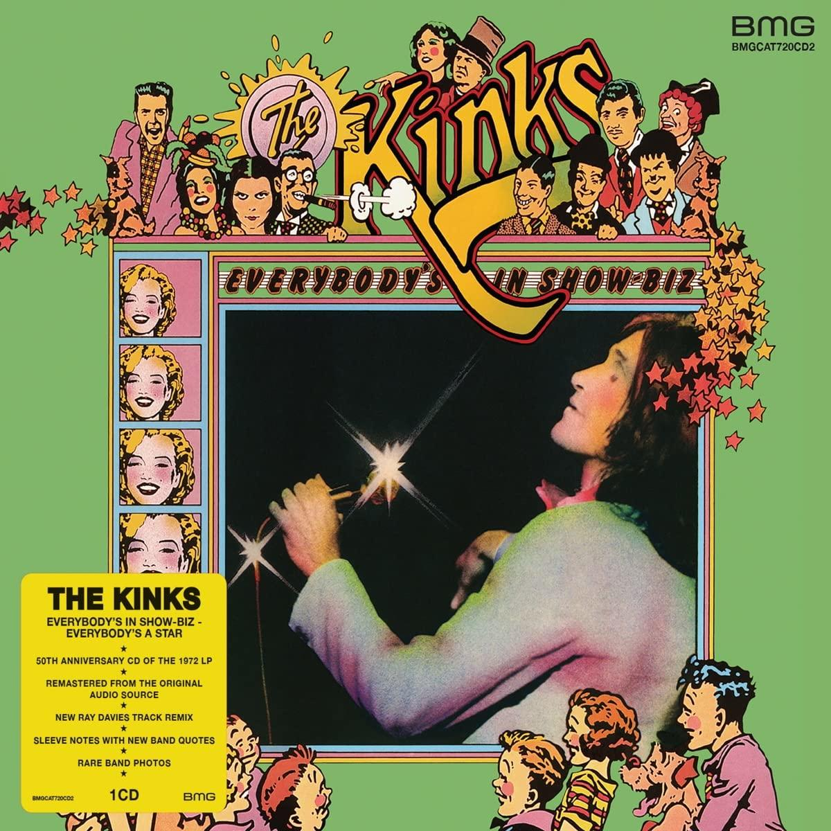 The Kinks album borító. Rajzfilmfigurák és egy élő fellépés fotója szöveggel.