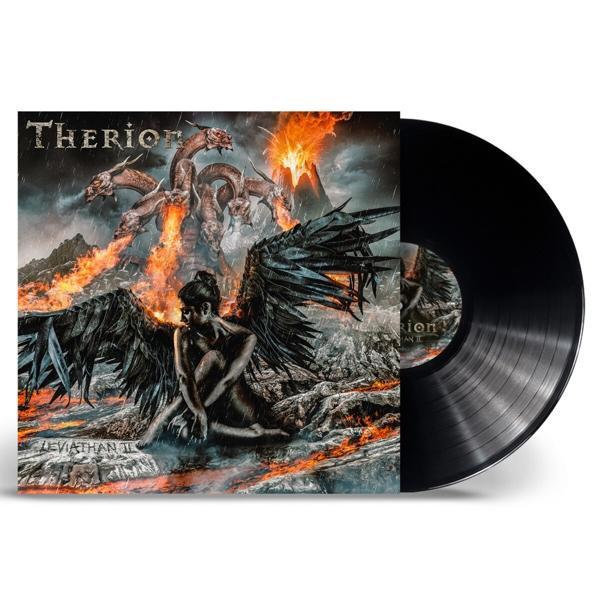Album borító szárnyas nővel, hidrával és lángokkal. Vinil lemez látható jobbra.