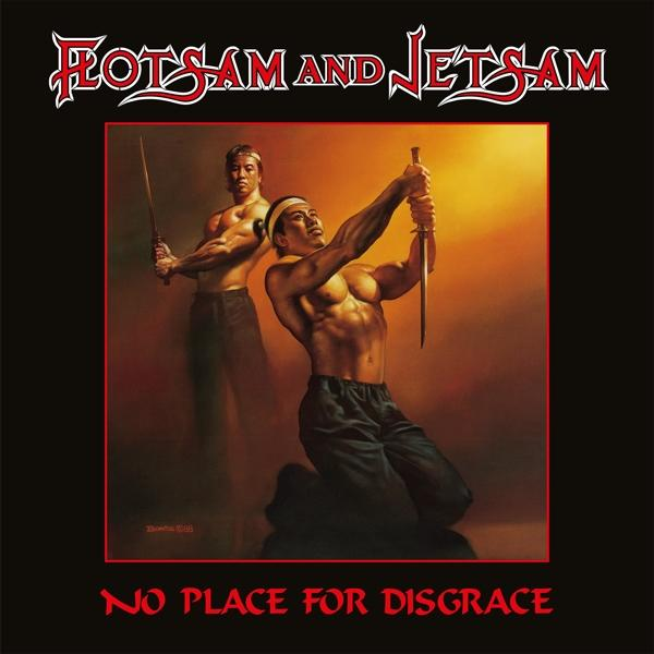 Album borító: Két félmeztelen férfi karddal, egyik térdel. Fekete háttér, piros 'No Place for Disgrace' felirat.