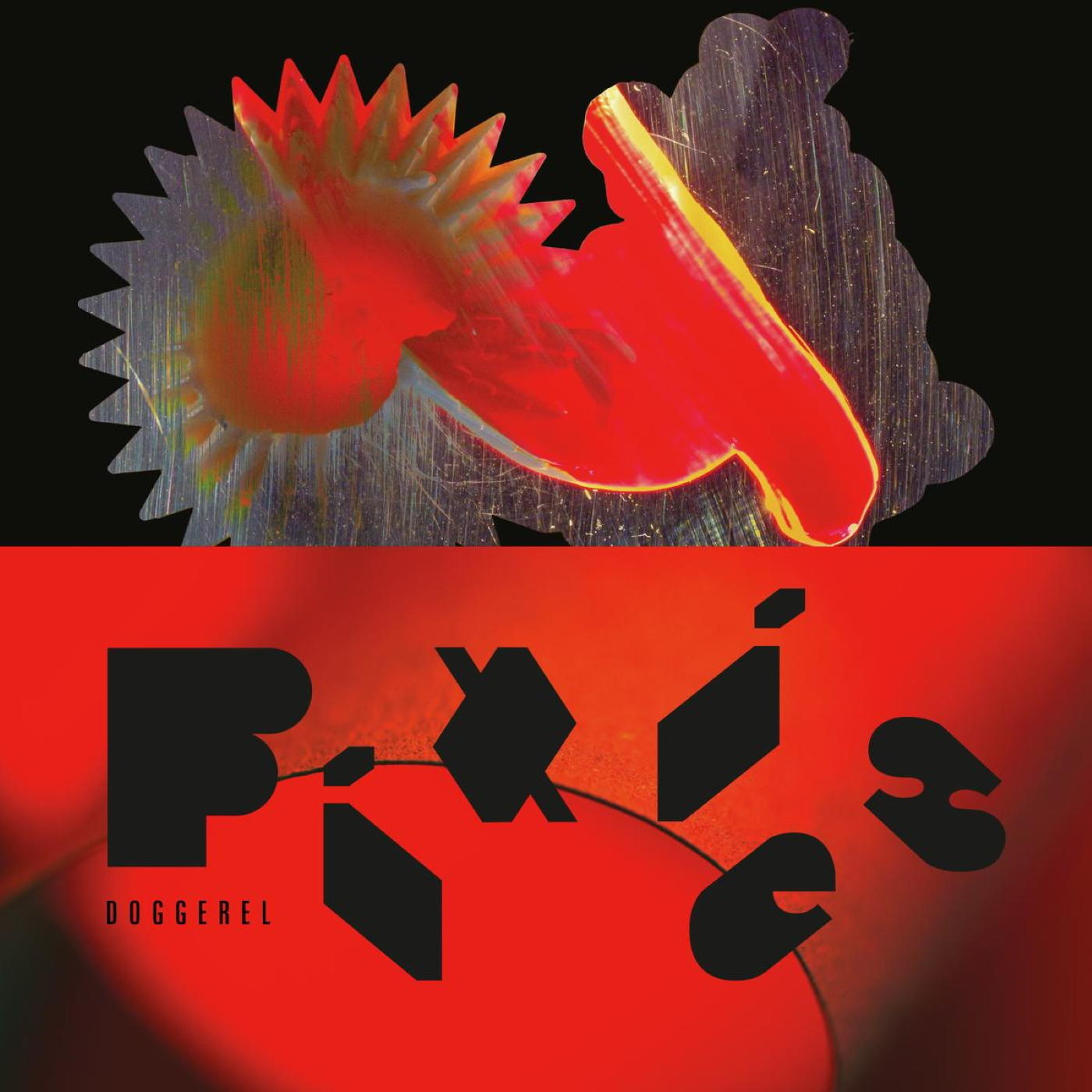 Album borító, absztrakt design piros, fekete és sárga színekkel. 'Doggerel' cím és 'Pixies' zenekar neve.
