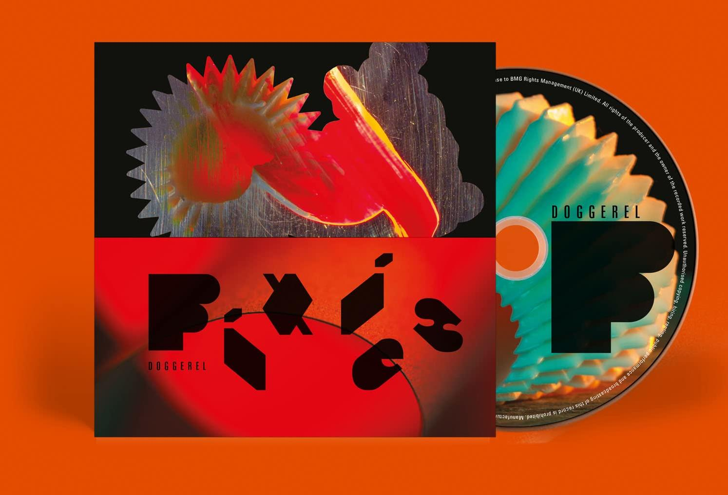 Album borító, absztrakt design piros, fekete és sárga színekkel. 'Doggerel' cím, 'Pixies' zenekar neve és a CD.