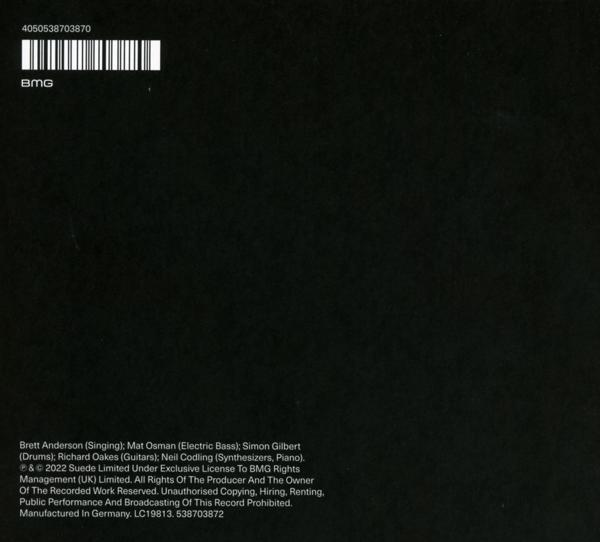 Az album borítójának hátulja szöveggel és vonalkóddal. Szöveg: 'Brett Anderson', 'Suede'.