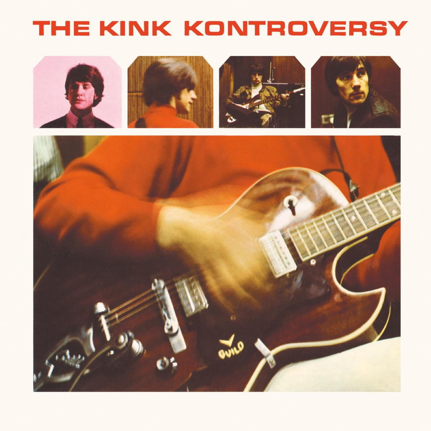 A Kinks album borítója. Zenészek, gitár közelkép. Piros pulóver, és fotók felül.